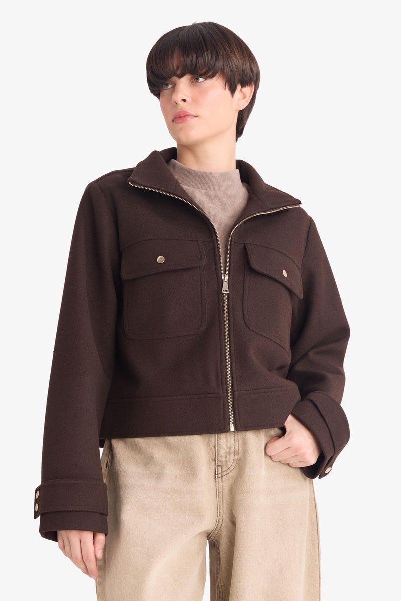 DeFacto Brown Woman Regular Fit Wool Coat Casual - Image 3